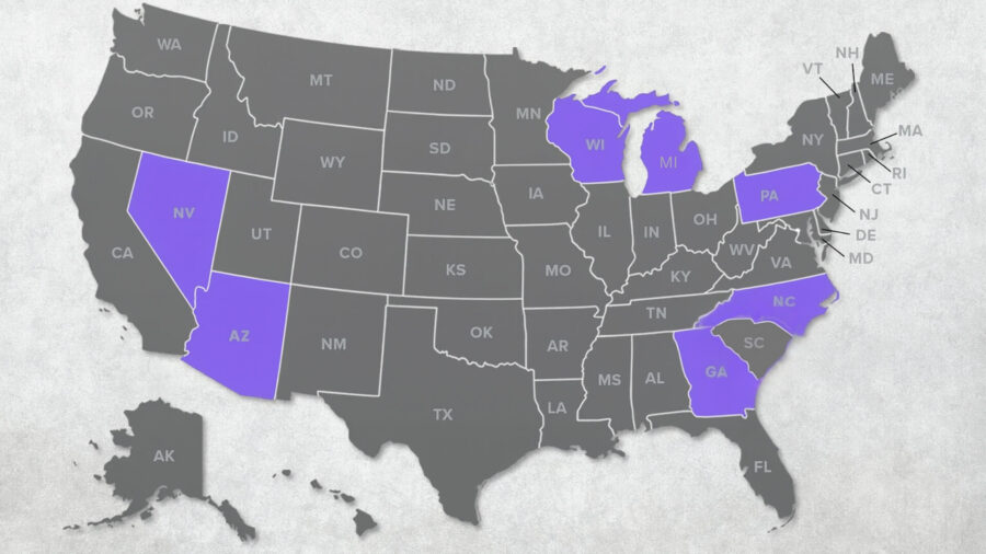 A highlighted map of the United States, showcasing specific swing states in a distinct shade of purple