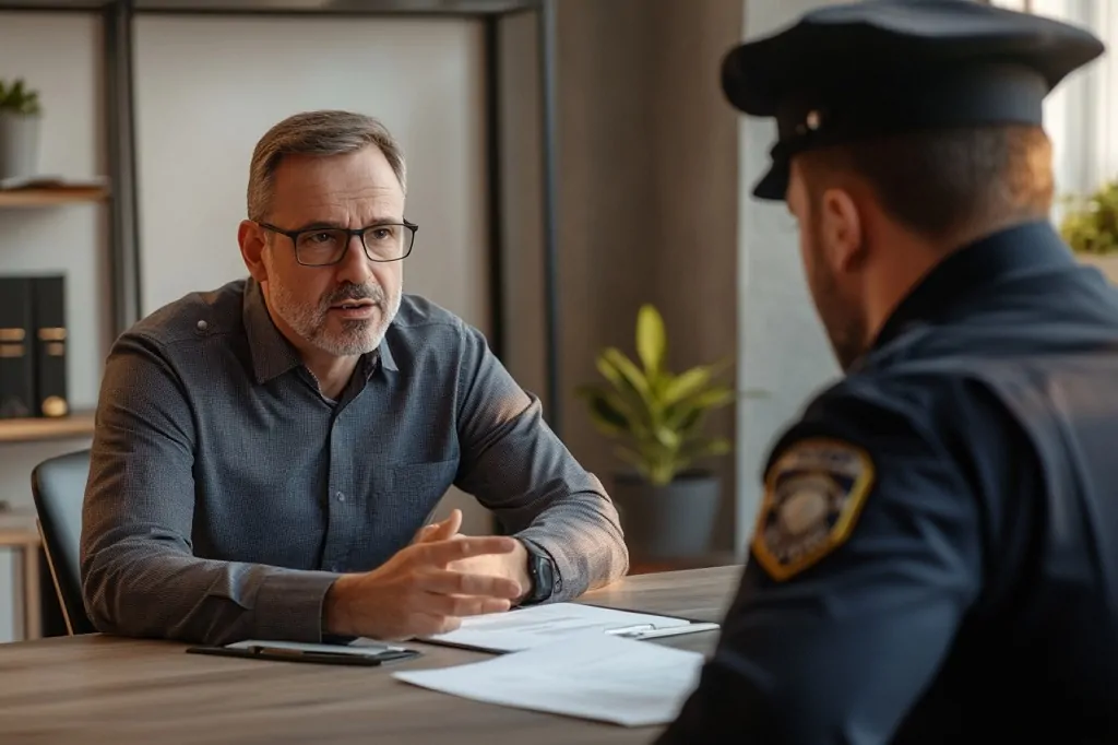 A concerned man sitting across from a uniformed officer, giving a statement for a police report in a modern office setting