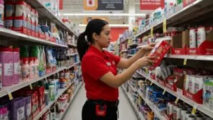 Friendly Target staff member positioned within the store's well-stocked environment