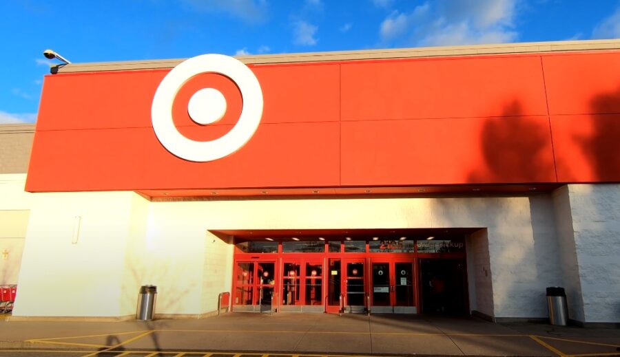 Sunlight casts shadows on the Target store's facade