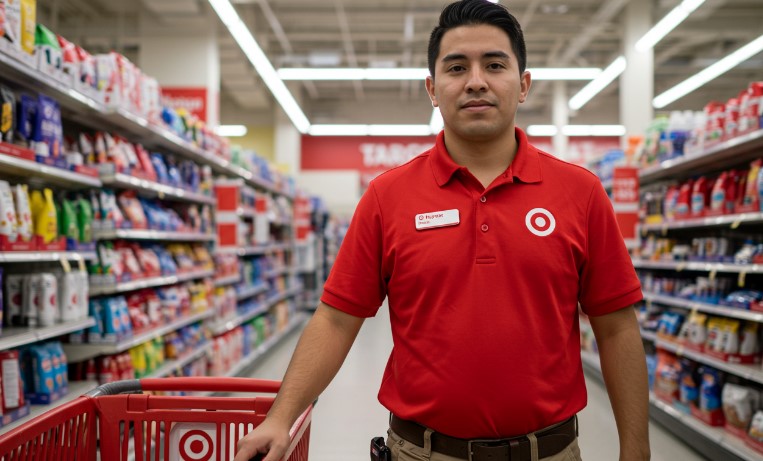 A Target employee stands amidst the store's organized aisles