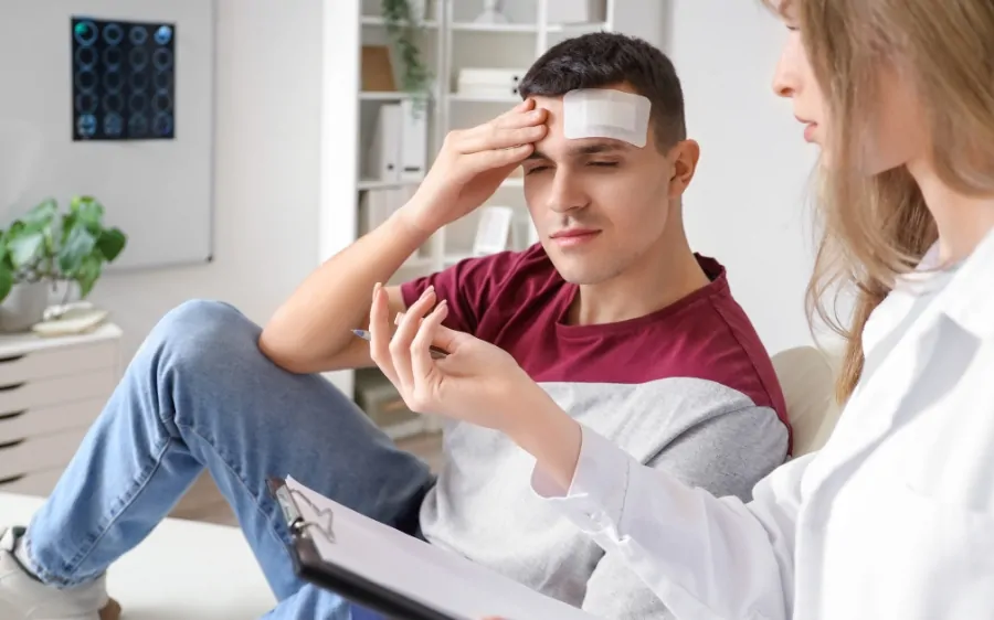 A doctor speaks with a man who has a bandage on his forehead after an injury at a political rally