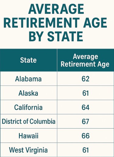 Infographic table showing average retirement age in US, by state