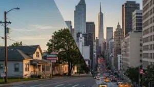 A stark contrast between a residential street and a bustling city thoroughfare