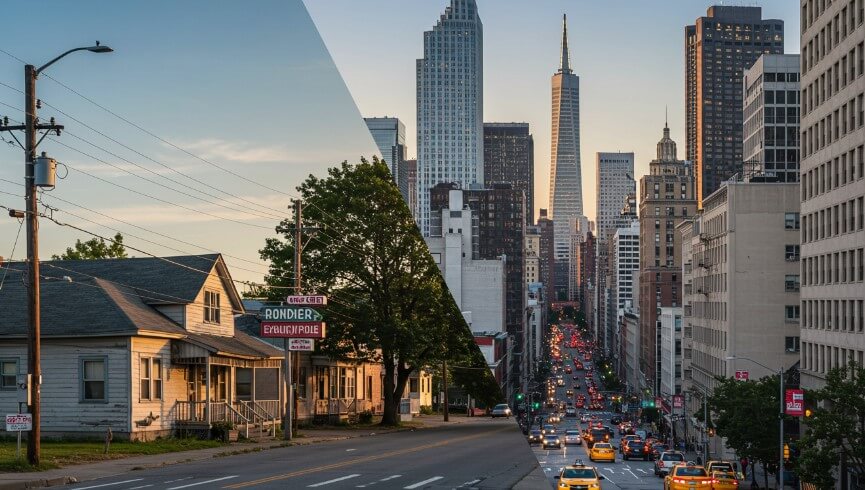 A stark contrast between a residential street and a bustling city thoroughfare