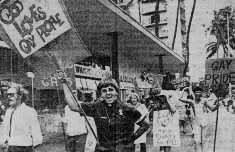 Black and white photo of people celebrating Honolulu Pride in 1974