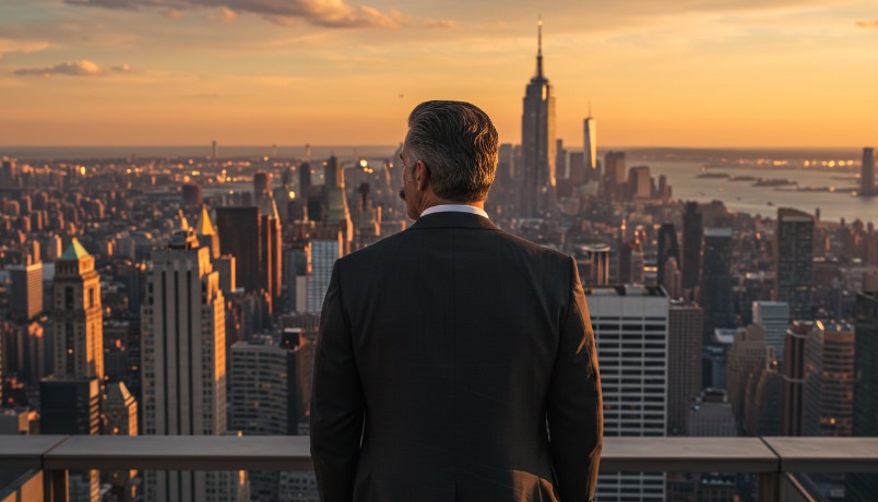 A man in a suit, overlooking the sprawling cityscape at sunset