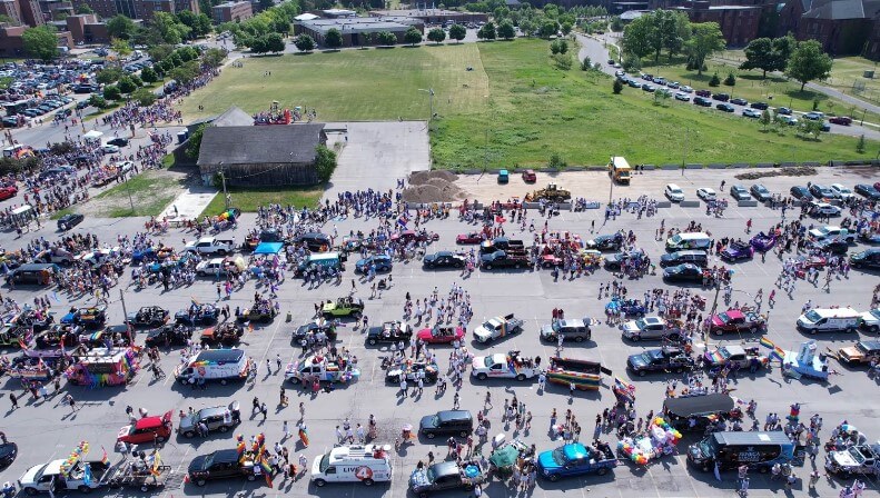 Aerial view of a pride parade