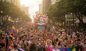 People celebrating pride day on streets of Honolulu