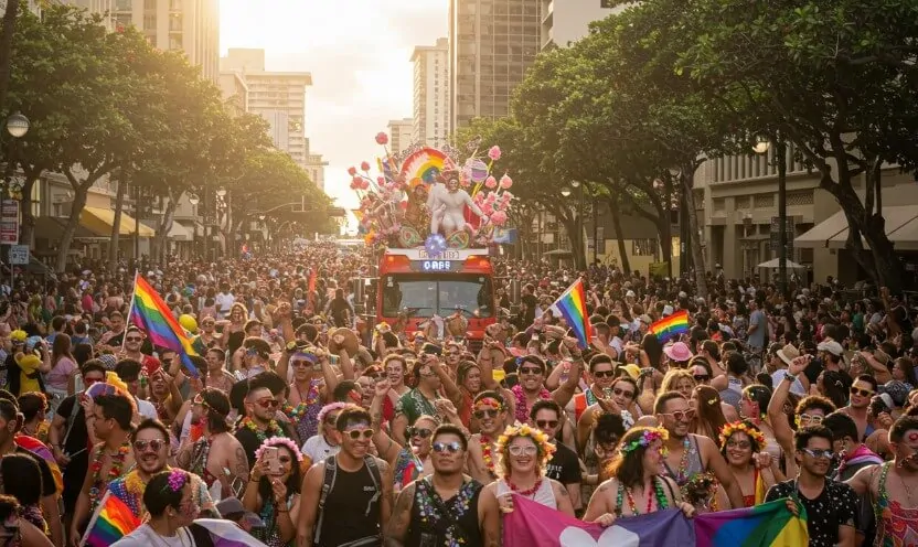 People celebrating pride day on streets of Honolulu