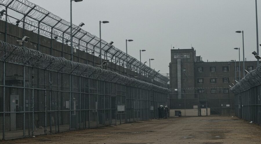 A vast, gray expanse of a correctional facility, enclosed by razor wire and concrete walls