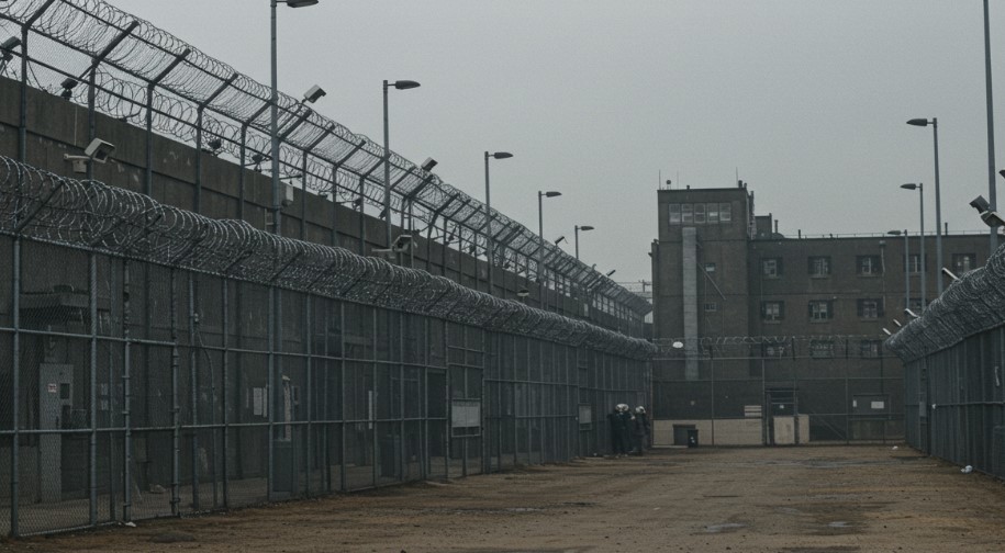 A vast, gray expanse of a correctional facility, enclosed by razor wire and concrete walls