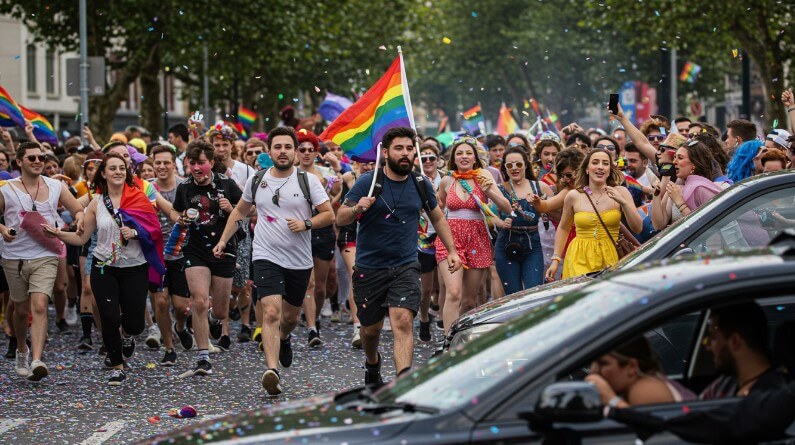 Rainbow flags wave high as participants celebrate their identities