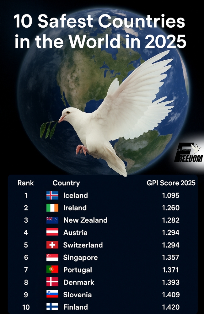 An infographic showing the 10 safest countries in the world in 2025 with ranks, flags, and GPI scores