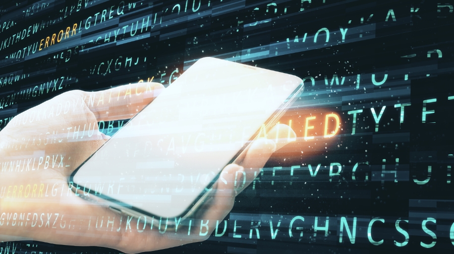 A hand holds a smartphone against a digital background of code, symbolizing the personal impact of a hacked phone