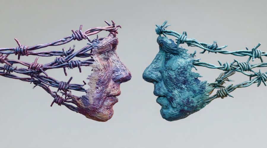 Two human faces made of barbed wire, one purple and one blue, face each other against a neutral background