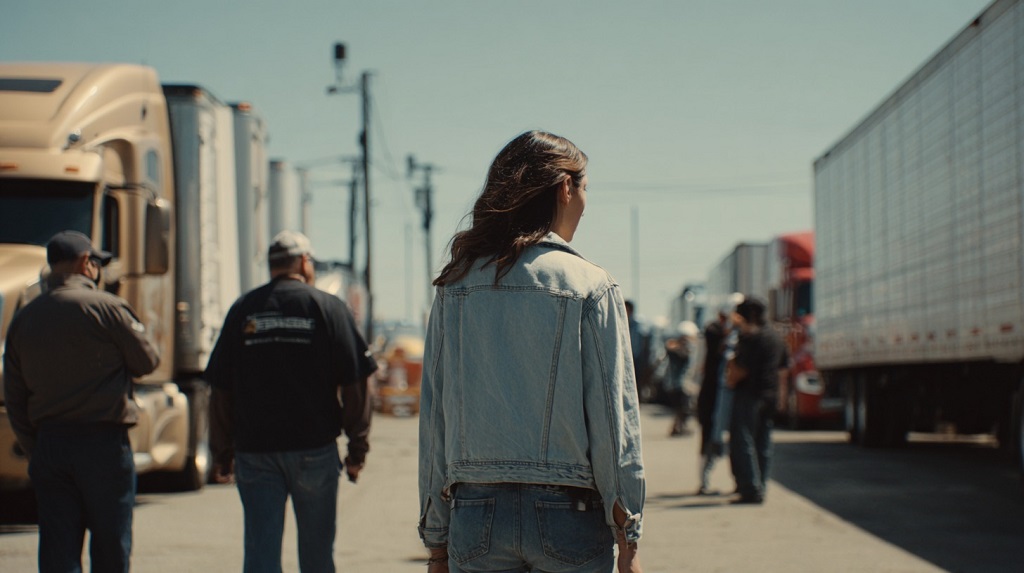 Woman standing at a truck stop with other drivers