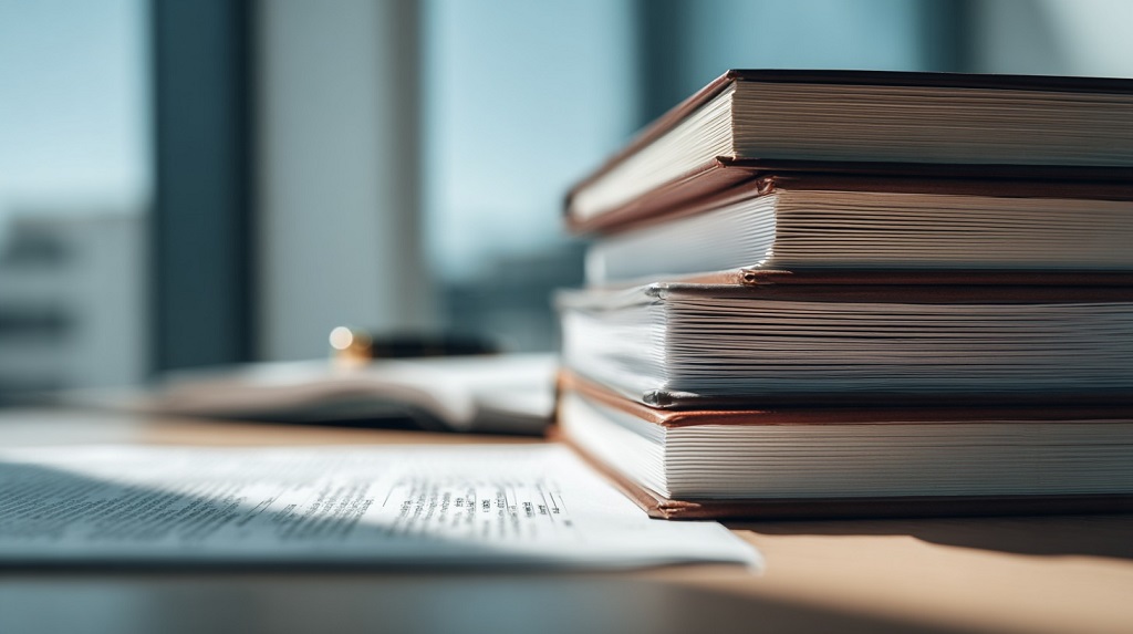 Close up of legal code books and printed statutes on a desk