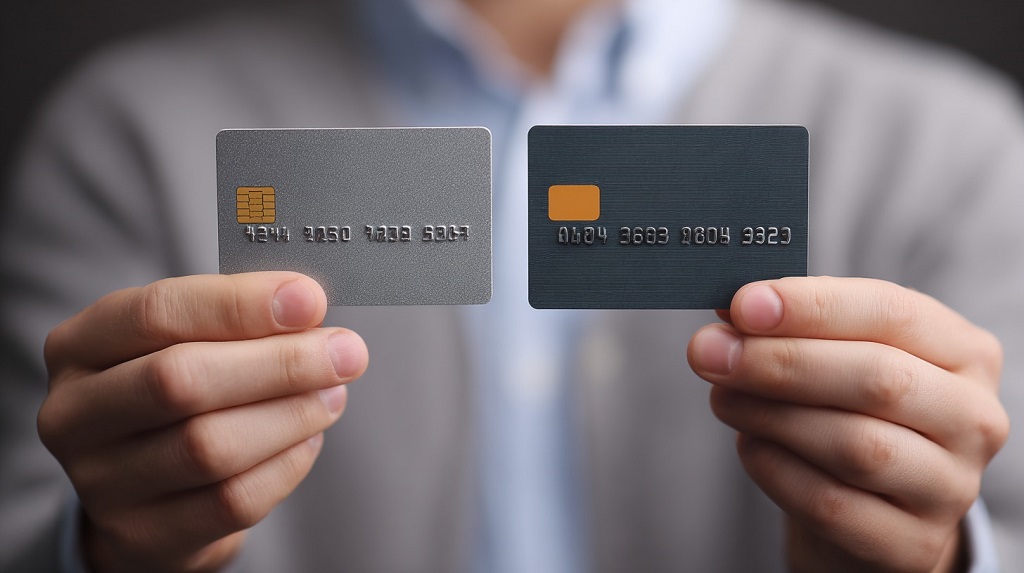 Close-up of a credit card and debit card side by side, showing better online protection with credit