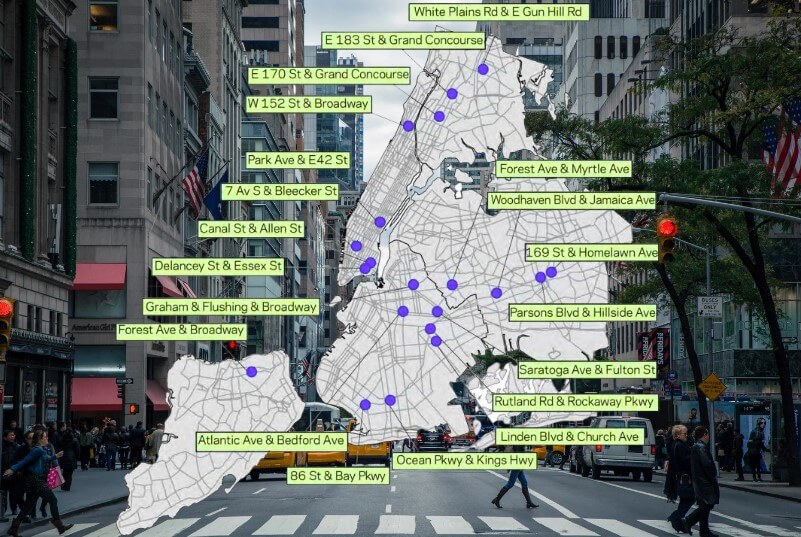 Map of New York City highlighting various locations throughout the city