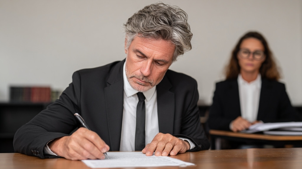 Defendant reviewing and signing legal response documents within strict court deadlines