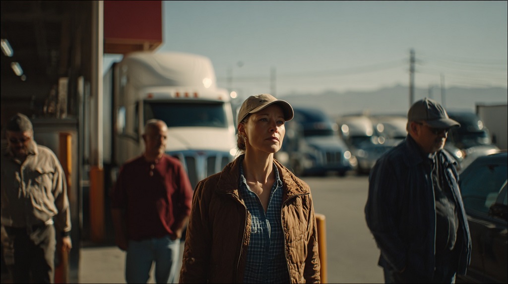 Female driver walking among trucks, part of the trucking community adapting to change