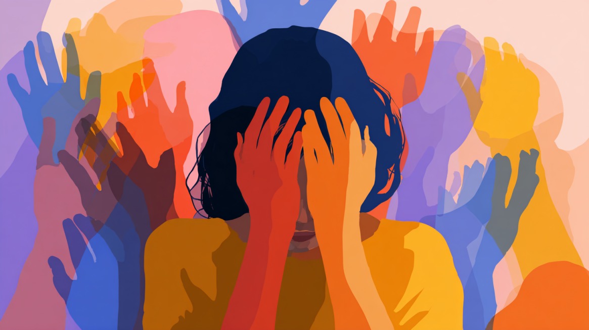 Illustration of a distressed person holding their head, surrounded by overlapping colorful silhouettes of hands