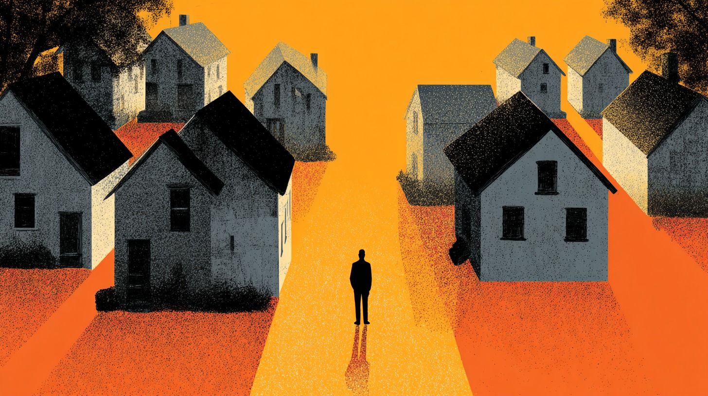 Illustration of a lone figure walking between rows of houses, with stark shadows and warm tones suggesting themes of isolation and discrimination