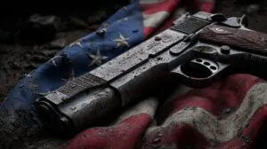 A handgun placed on a worn American flag illustrates the question of how many guns are in America