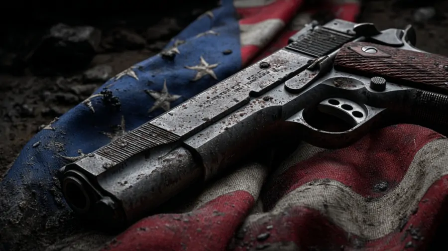 A handgun placed on a worn American flag illustrates the question of how many guns are in America