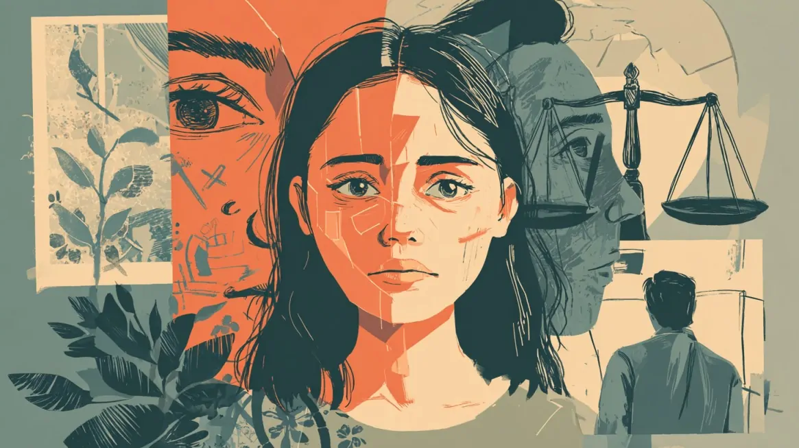 Illustration of a woman’s face split into contrasting colors, surrounded by symbolic images of justice, nature, and emotion