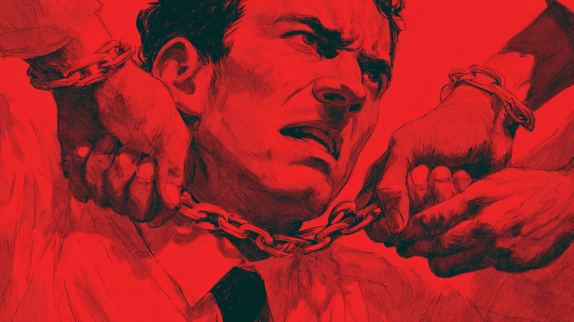 Illustration of a man restrained by chains, being pulled by multiple hands, symbolizing oppression and the struggle for rights