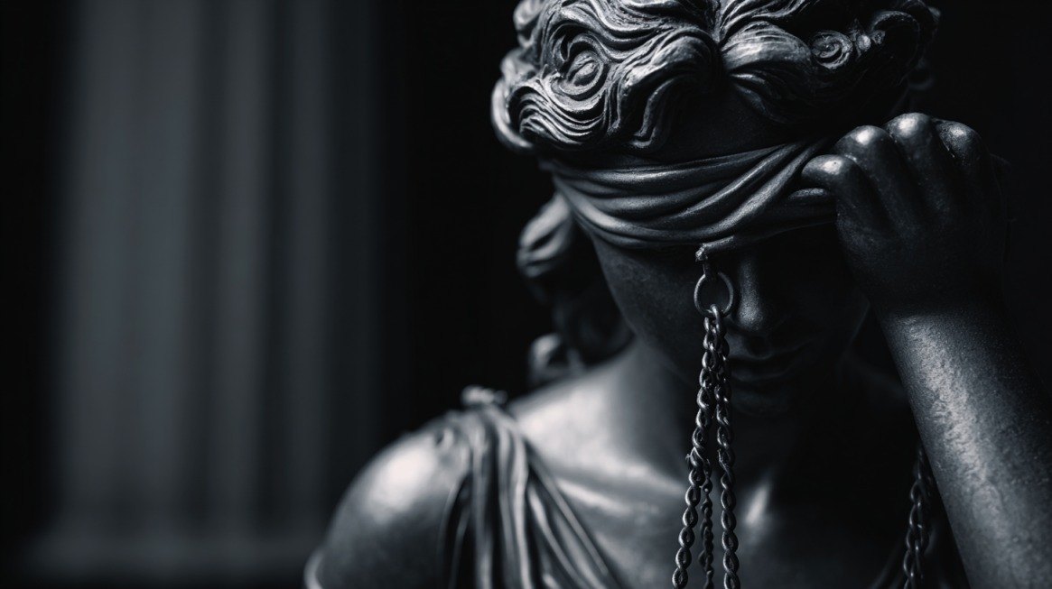 Close-up of a blindfolded Lady Justice statue with tears, symbolizing injustice