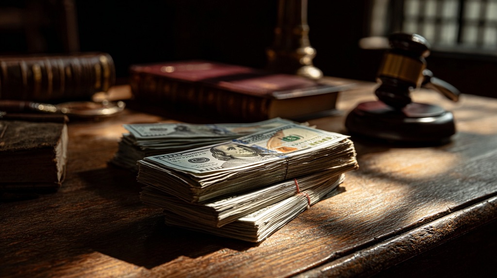 Stacks of US dollar bills on a courtroom desk beside law books and a judge’s gavel, symbolizing the Payments Prong in terrorism litigation against the Palestinian Authority