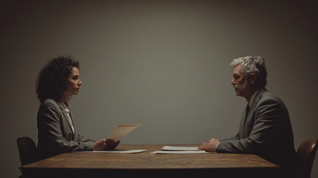 Plaintiff presenting legal papers while defendant listens across the table