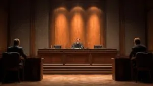 Modern courtroom with plaintiff and defendant on opposite sides before a judge