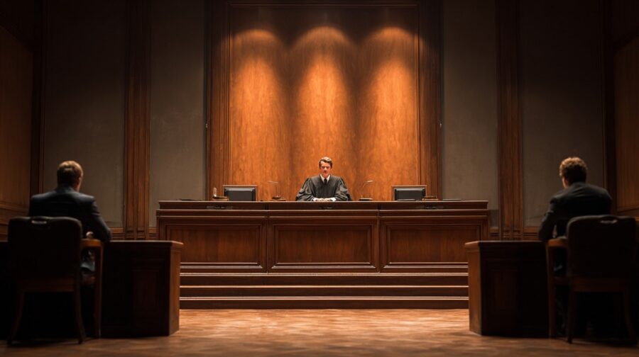 Modern courtroom with plaintiff and defendant on opposite sides before a judge