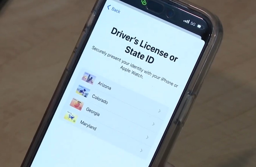 Digital ID options, state by state, displayed on a phone screen