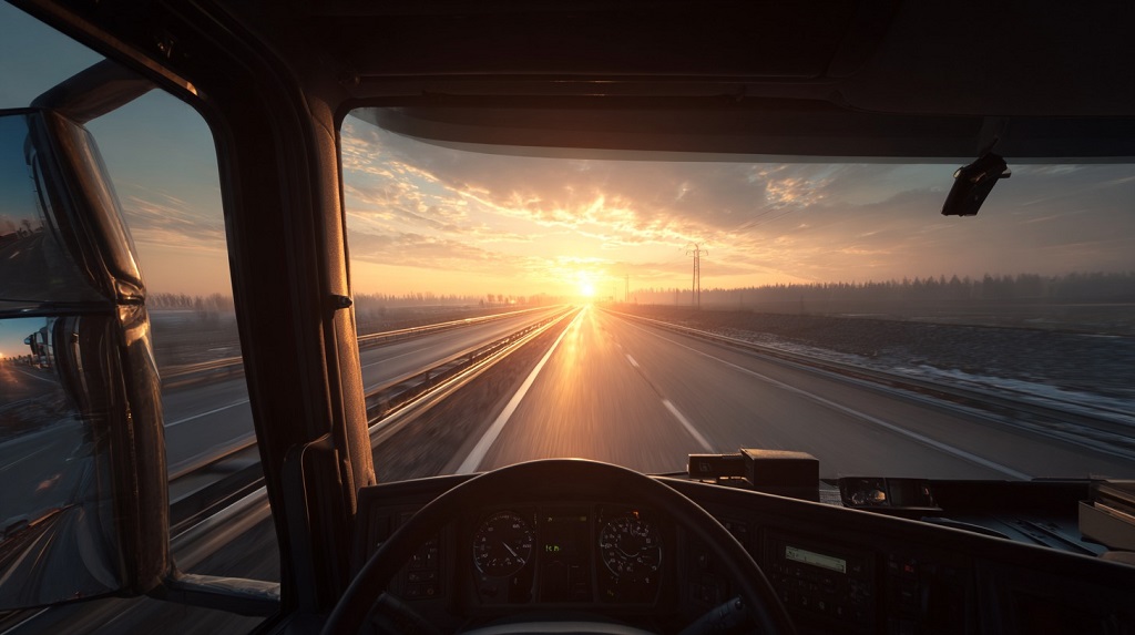 View from inside a truck driving into the sunset