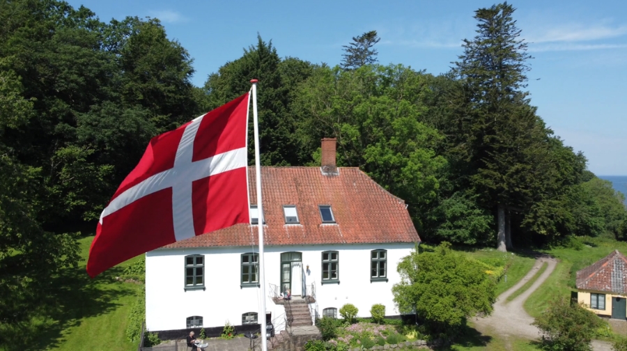A Danish flag flying in front of a house surrounded by greenery