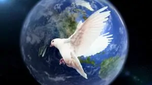 A white dove carrying an olive branch flies in front of Earth, symbolizing peace and highlighting the safest countries in the world