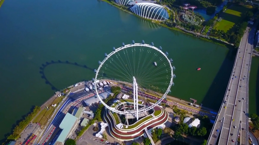 An aerial view of the Singapore Flyer and Marina Bay area