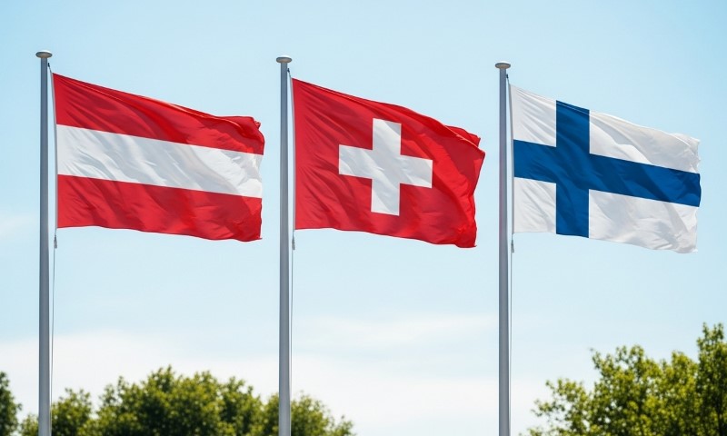 Flags of Austria, Switzerland and Finland on poles