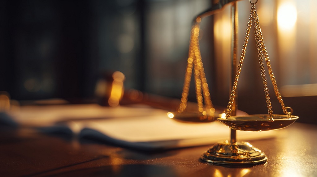 Golden scales of justice balanced on a judge’s desk beside legal documents, symbolizing fairness and reasonableness in Supreme Court rulings