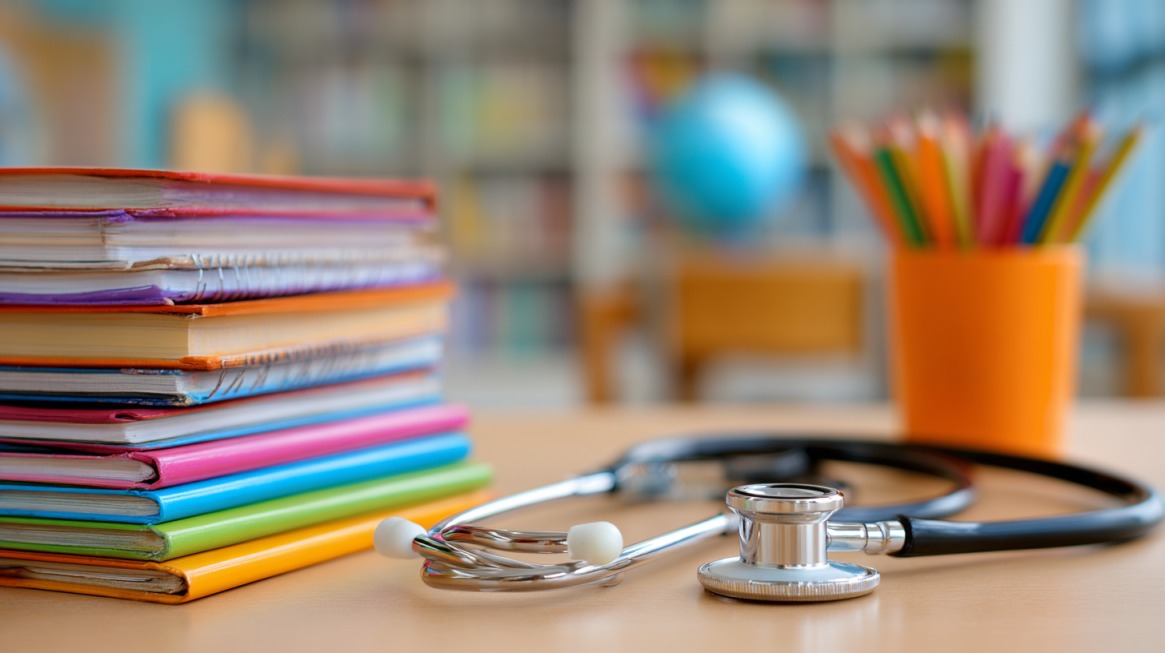 Stack of colorful books, a stethoscope, and a cup of colored pencils on a desk in a classroom setting