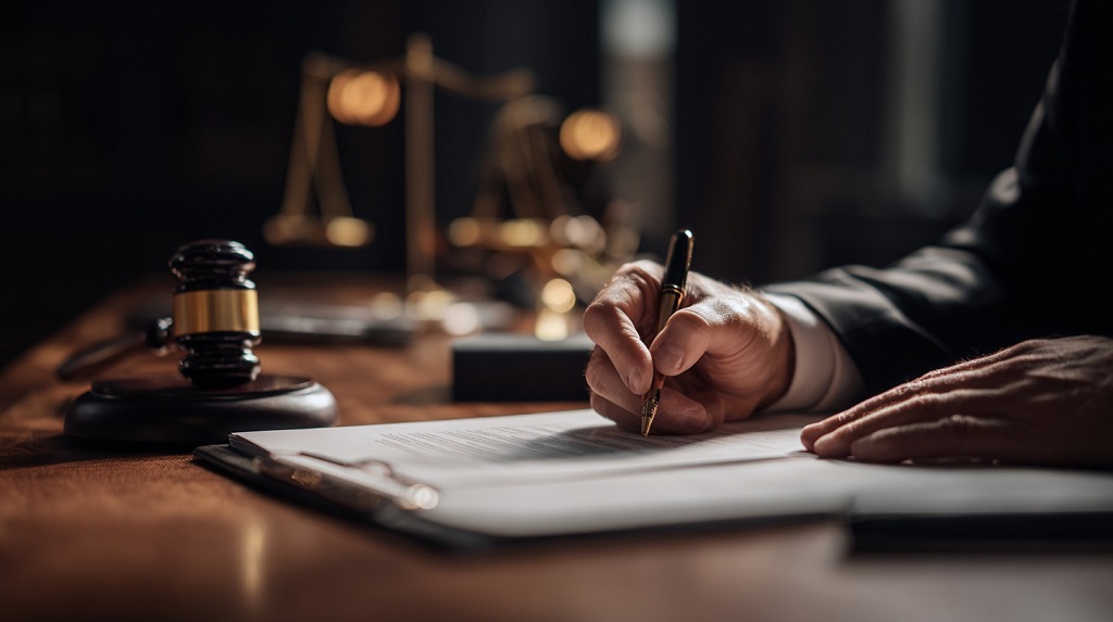 Close up of legal documents and judge's hands in a small claims case
