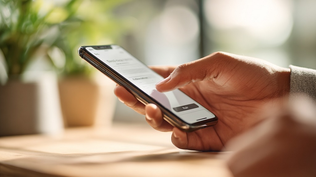Close-up of hands holding a phone on an online checkout screen with secure payment focus