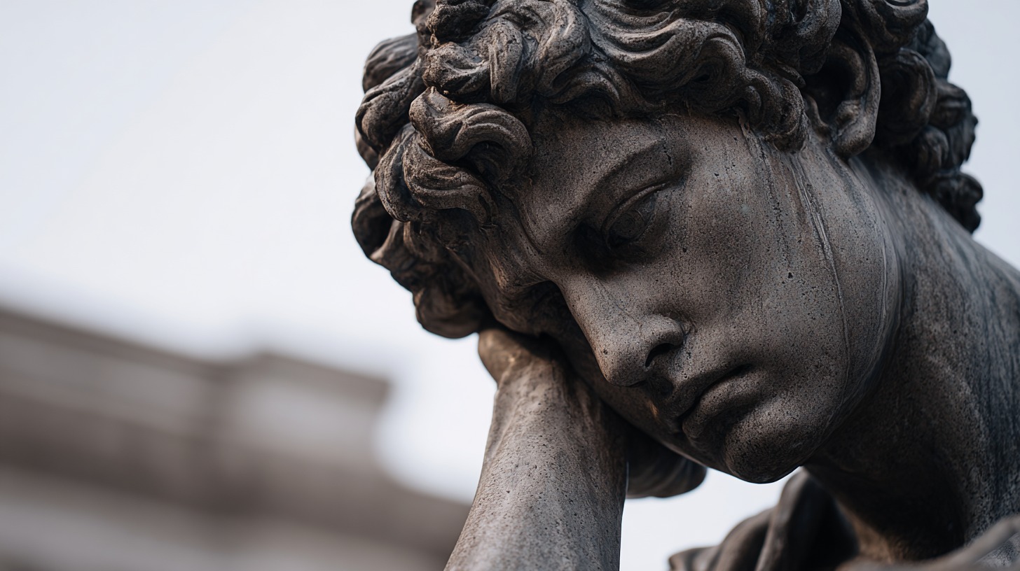 Close-up of a weathered stone statue with a somber expression, head resting on one hand, evoking sadness and reflection