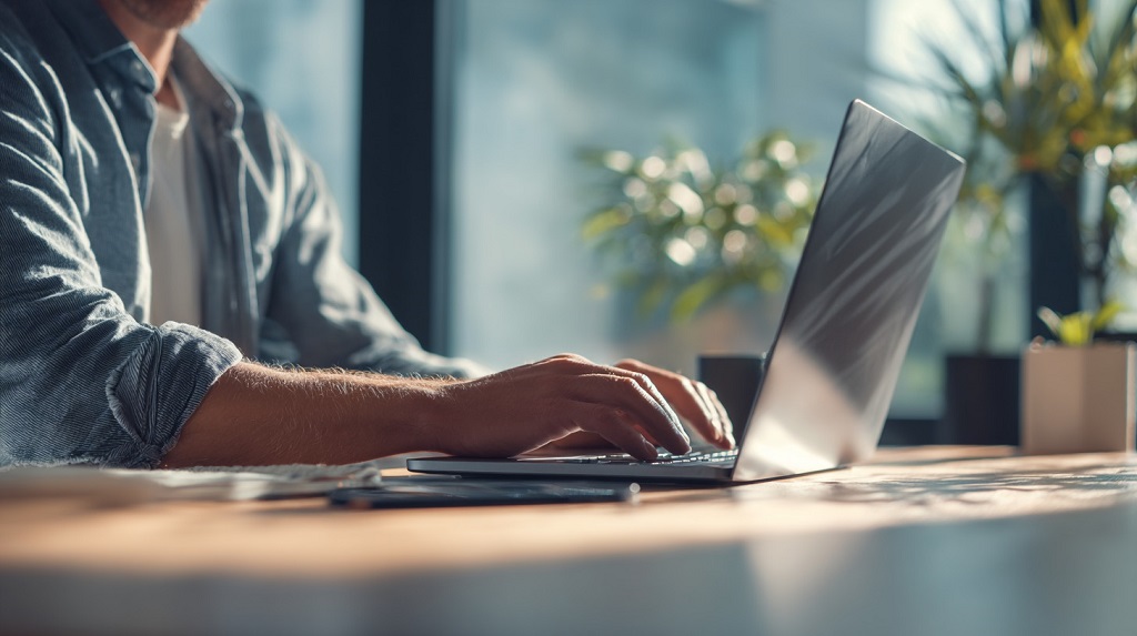 Man sitting at a desk using a laptop during an online authentication step