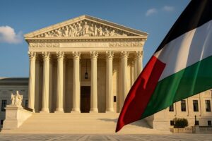 The U.S. Supreme Court building in Washington D.C. with the Palestinian flag in the foreground, symbolizing the Court’s ruling on lawsuits against Palestinian authorities